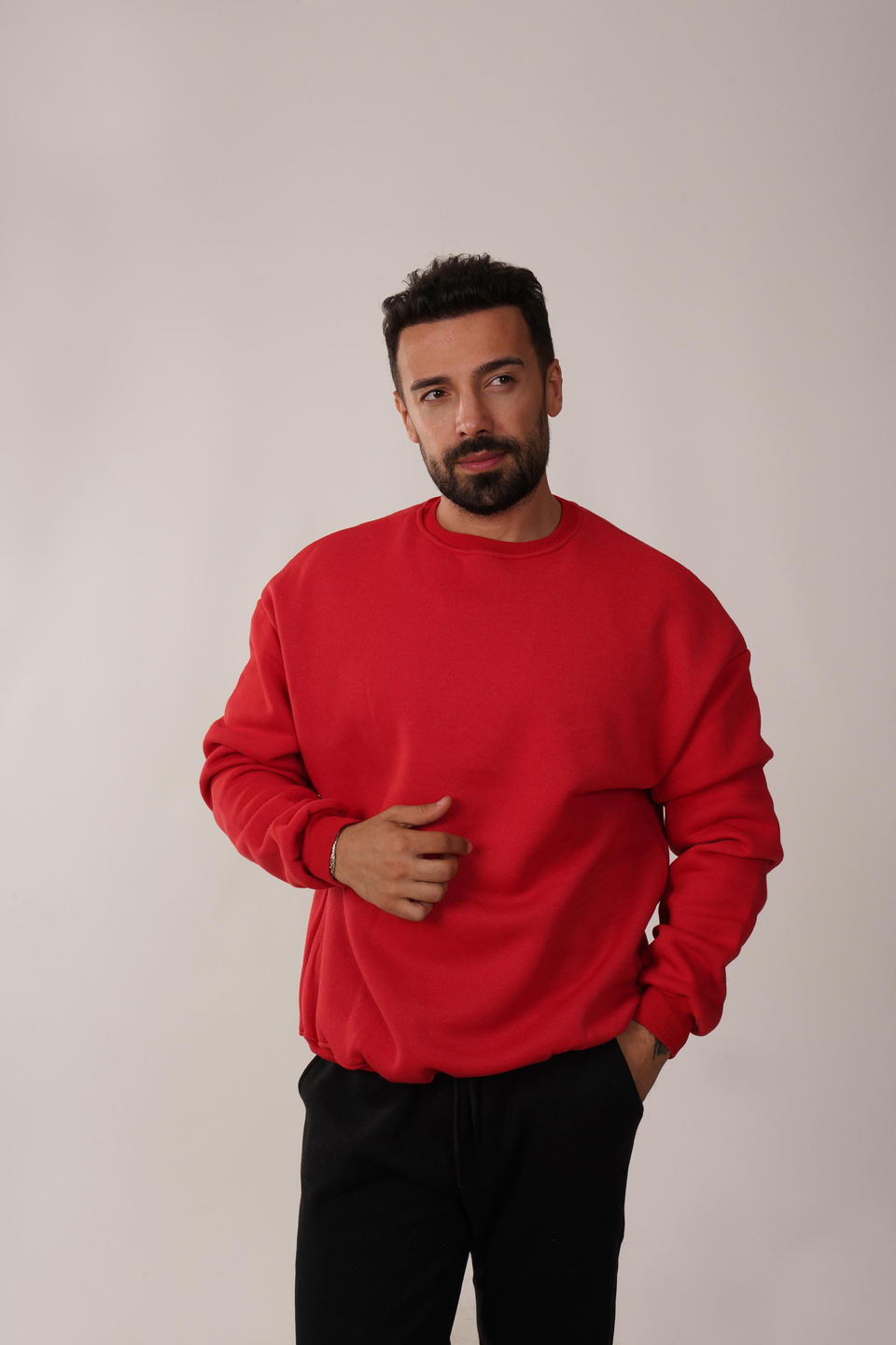 SweatKırmızı 3 İplik Bisiklet Yaka Hoodie
