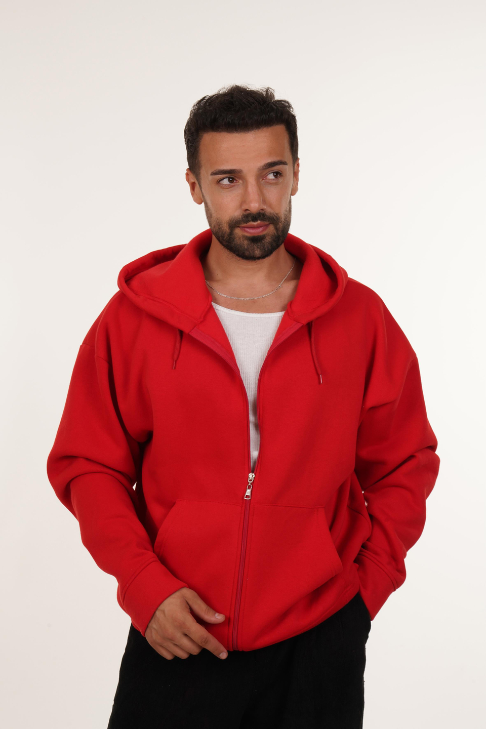 SweatKırmızı 3 İplik Tam Fermuarlı Kapşonlu SC