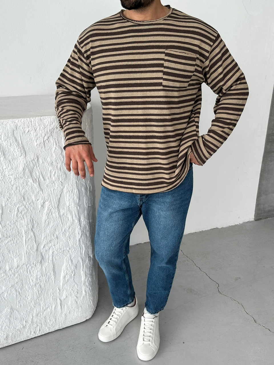 SweatKoyu Kahve Çizgili Göğüs Cepli Bisiklet Yaka Triko SNZ 8219