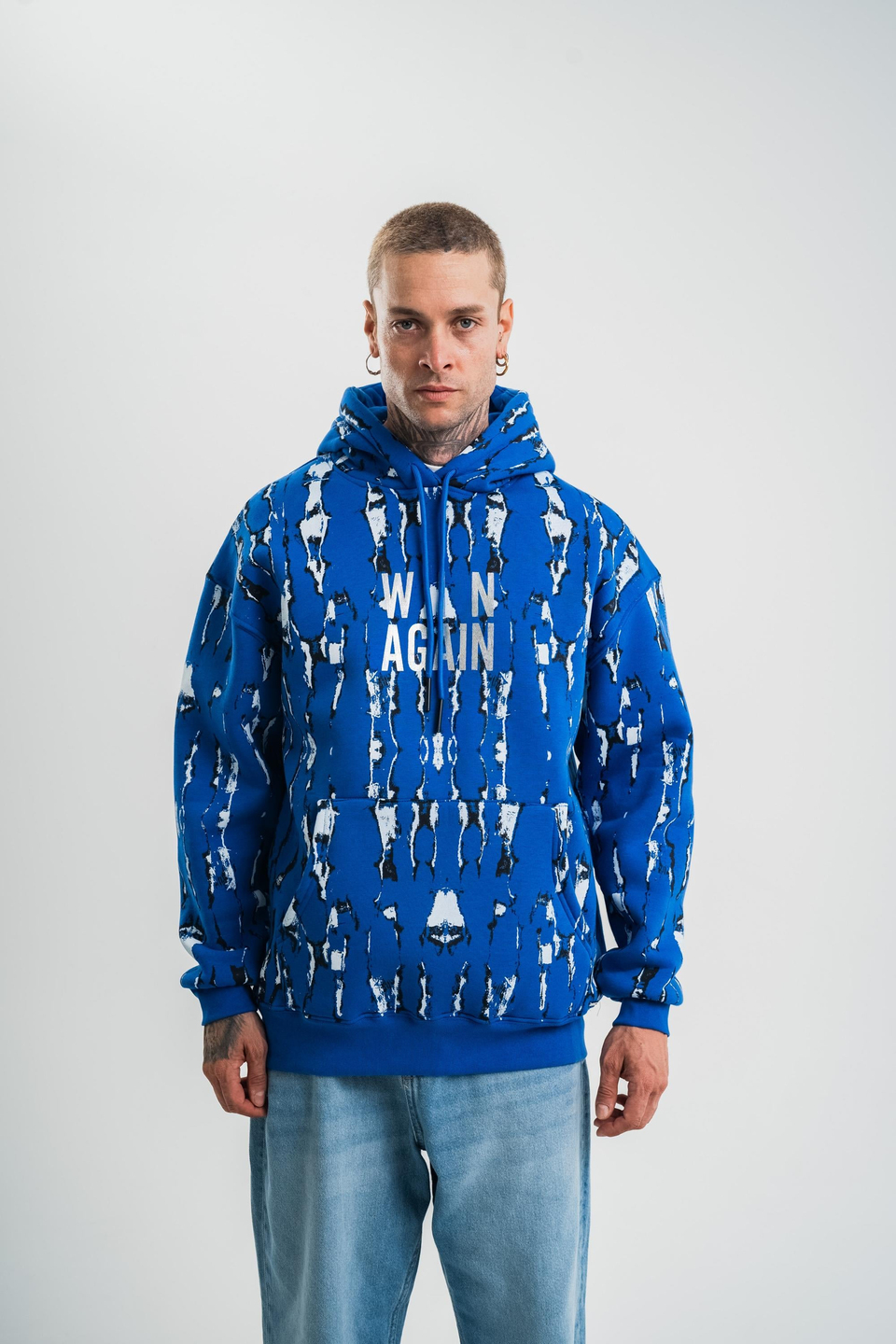 SweatSaksmavi Mavi Pano Baskılı Kapşonlu Sweatshirt PLZ
