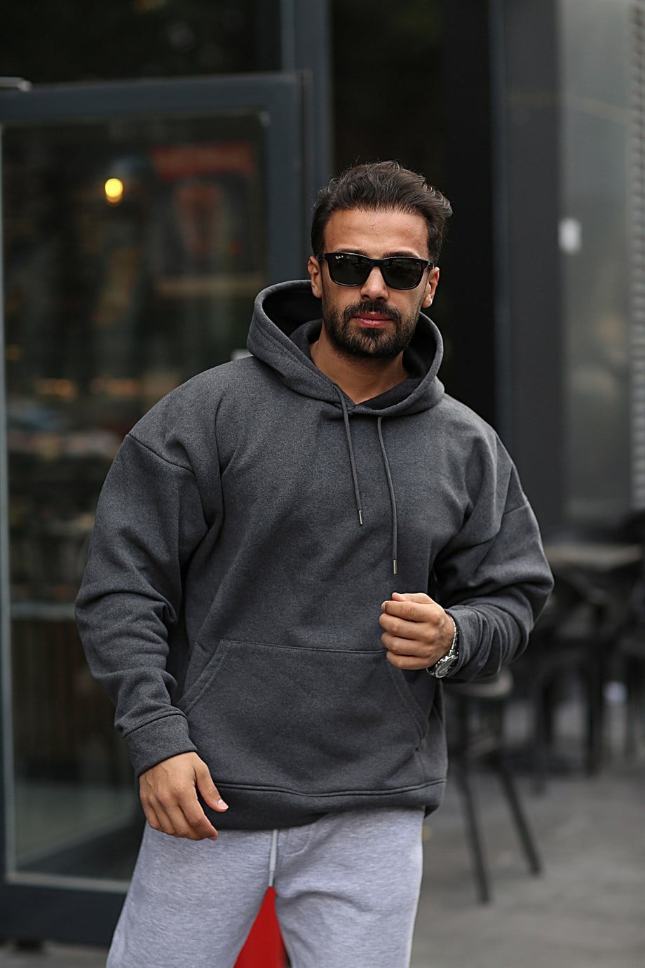 SWEATSHİRTAntrasit  3 İplik Oversize Kapşonlu Hoodie GK