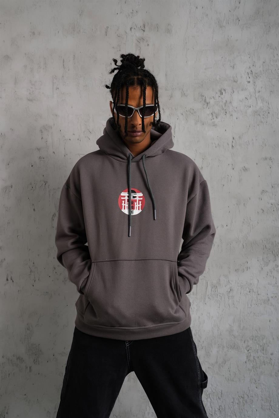 SWEATSHİRTAntrasit JAPAN Baskılı 3 İplik Oversize Kapşonlu Sweatshirt PLZ-03