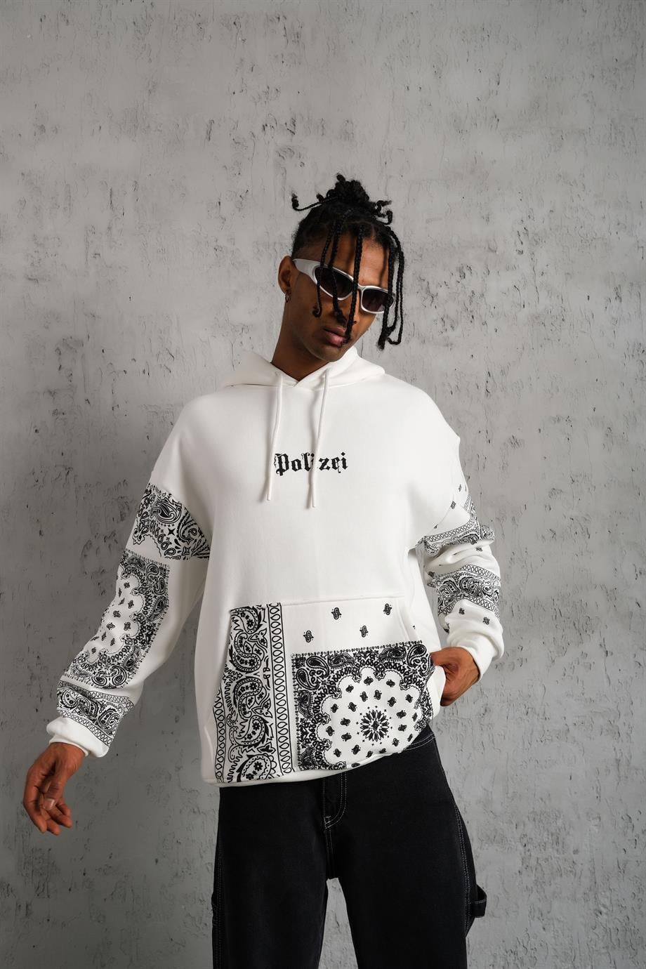 SWEATSHİRTBeyaz BANDANA Baskılı 3 İplik Oversize Kapşonlu Sweatshirt PLZ-09