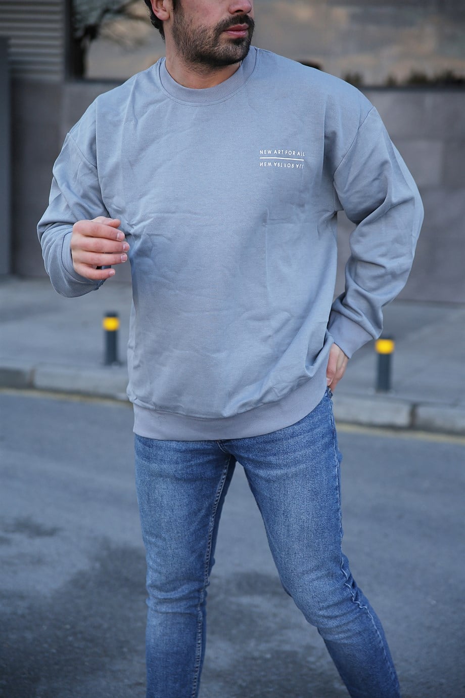 SWEATSHİRTErkek 3 İplik Gri New For All Sırt  Baskılı Sweatshirt 