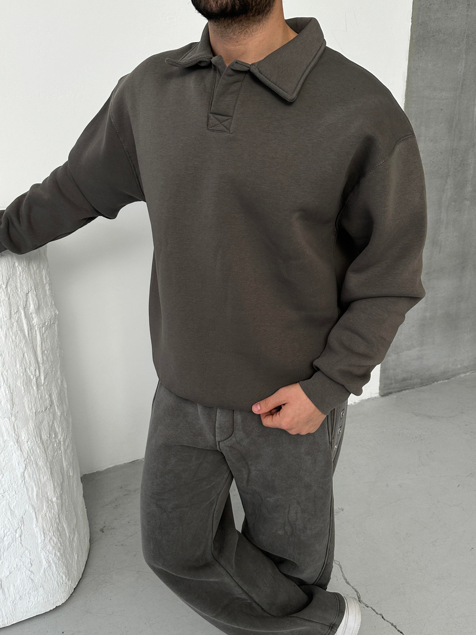 SWEATSHİRTFüme 3 İplik Oversize Polo yaka PLZ