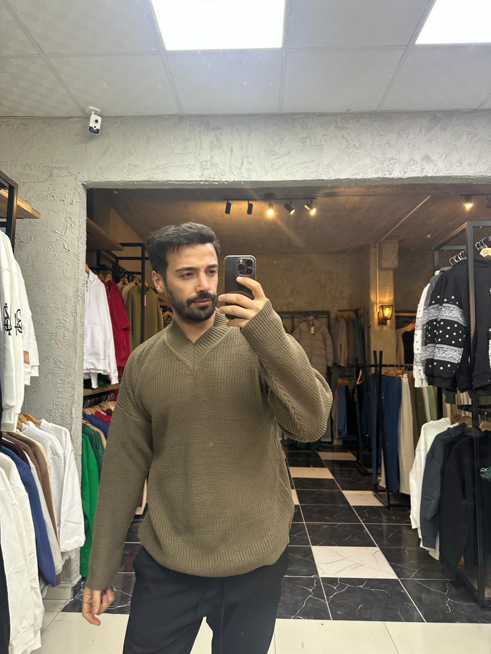 SWEATSHİRTKahve Örme Kalın Ribanalı V Yaka Kazak SNZ