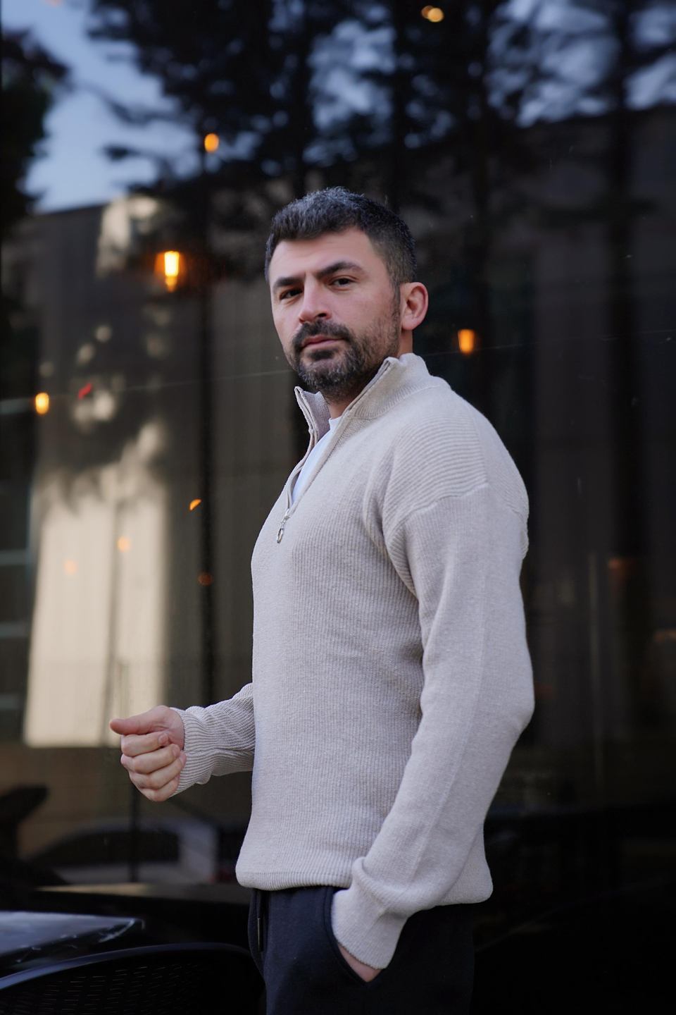 SWEATSHİRTKrem Fermuarlı Selanık Kumaş Kazak 