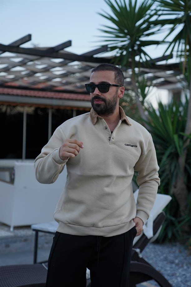 SWEATSHİRTKrem Yaka Kadife 3 İplik Çift Düğmeli Sweatshirt SNZ 8311