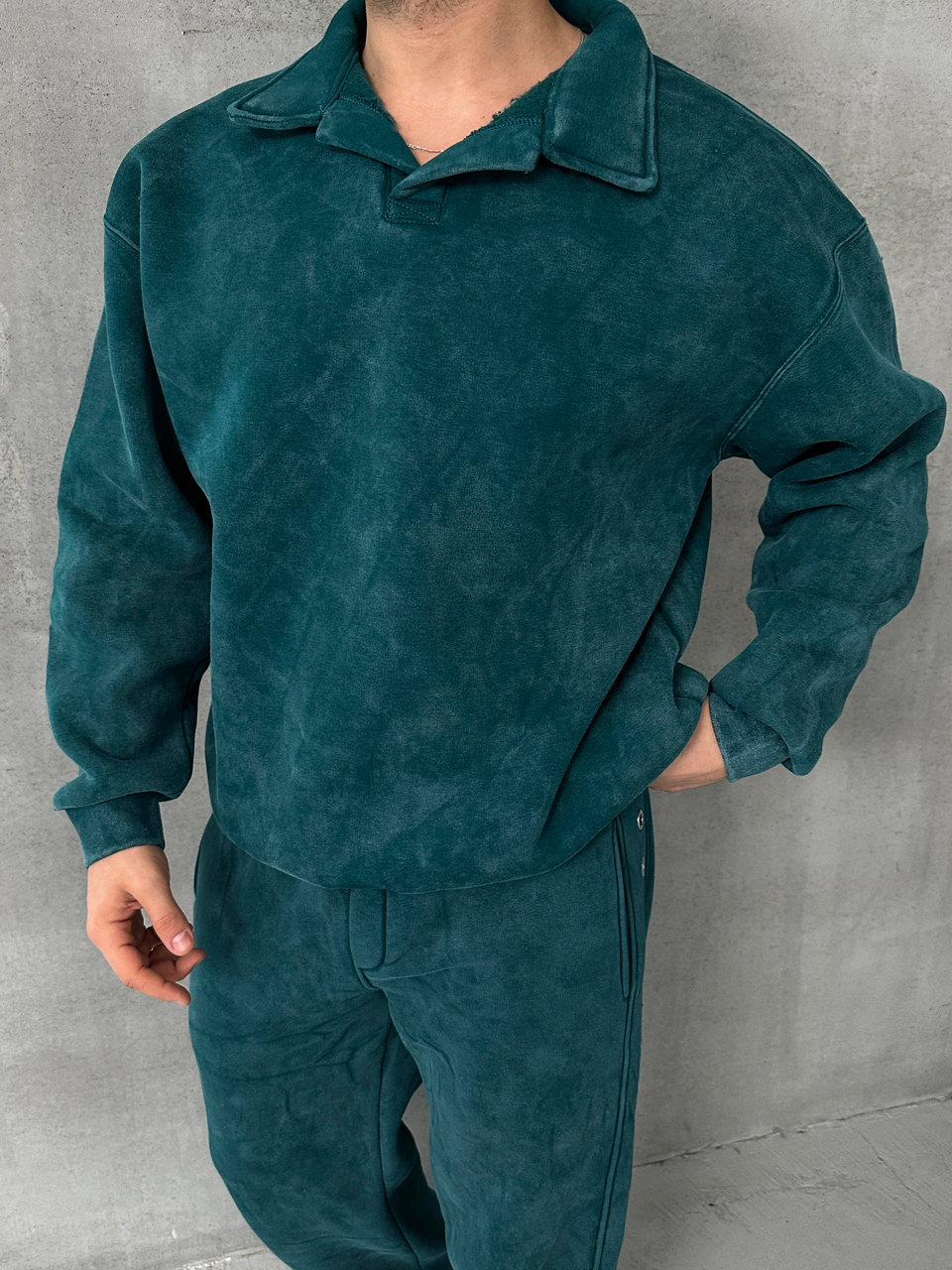 SWEATSHİRTPetrol Yıkamalı Düz Polo Yaka Sweatshirt PLZ