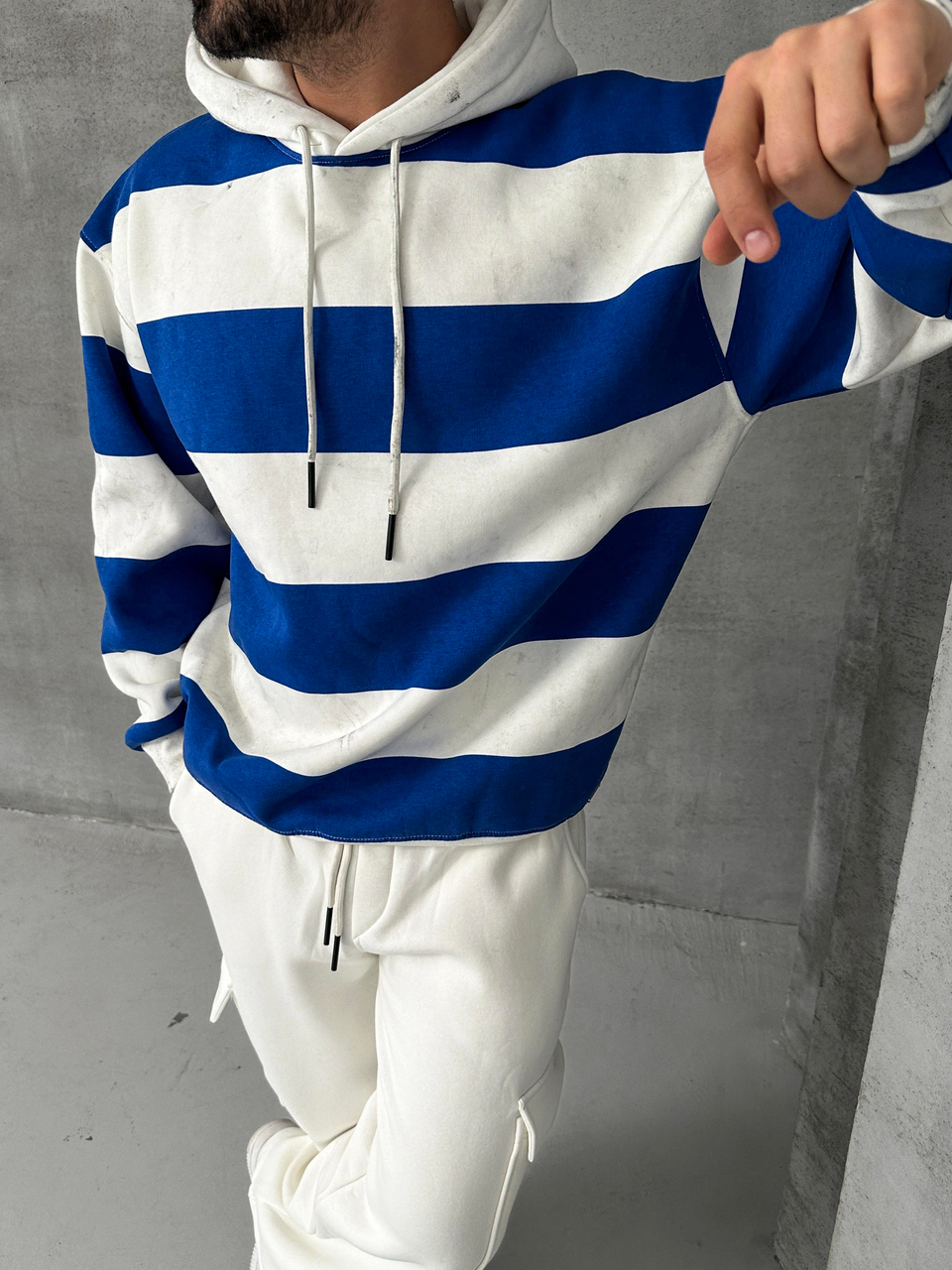 SWEATSHİRTSaksmavi Çizgili 3 İplik Kapşonlu Sweatshirt PLZ