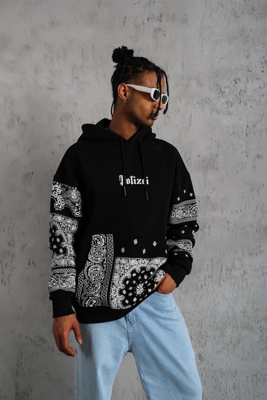 SWEATSHİRTSiyah BANDANA Baskılı 3 İplik Oversize Kapşonlu Sweatshirt PLZ-09