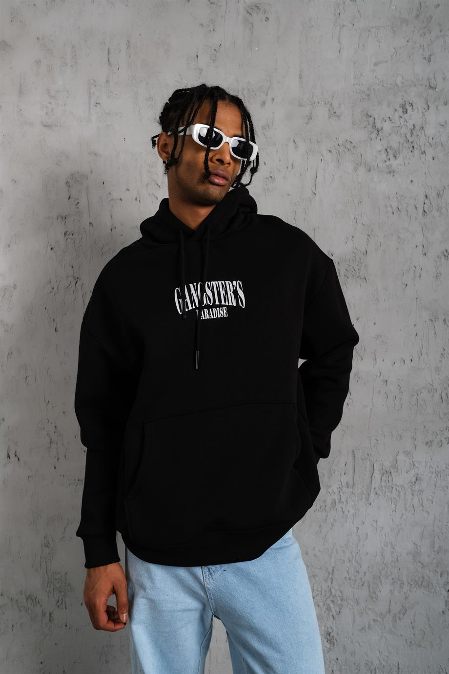 SWEATSHİRTSiyah GANGSTER Peçli Baskılı 3 İplik Oversize Kapşonlu Sweatshirt PLZ-36