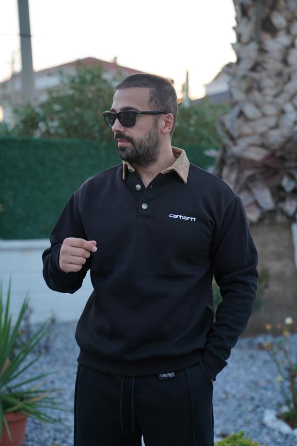 SWEATSHİRTSiyah Yaka Kadife 3 İplik Çift Düğmeli Sweatshirt SNZ 8311