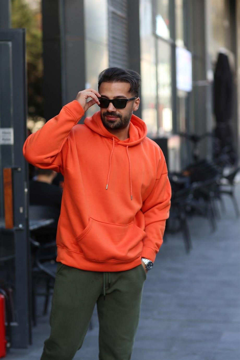 SWEATSHİRTTuruncu 3 İplik Oversize Kapşonlu Hoodie GK