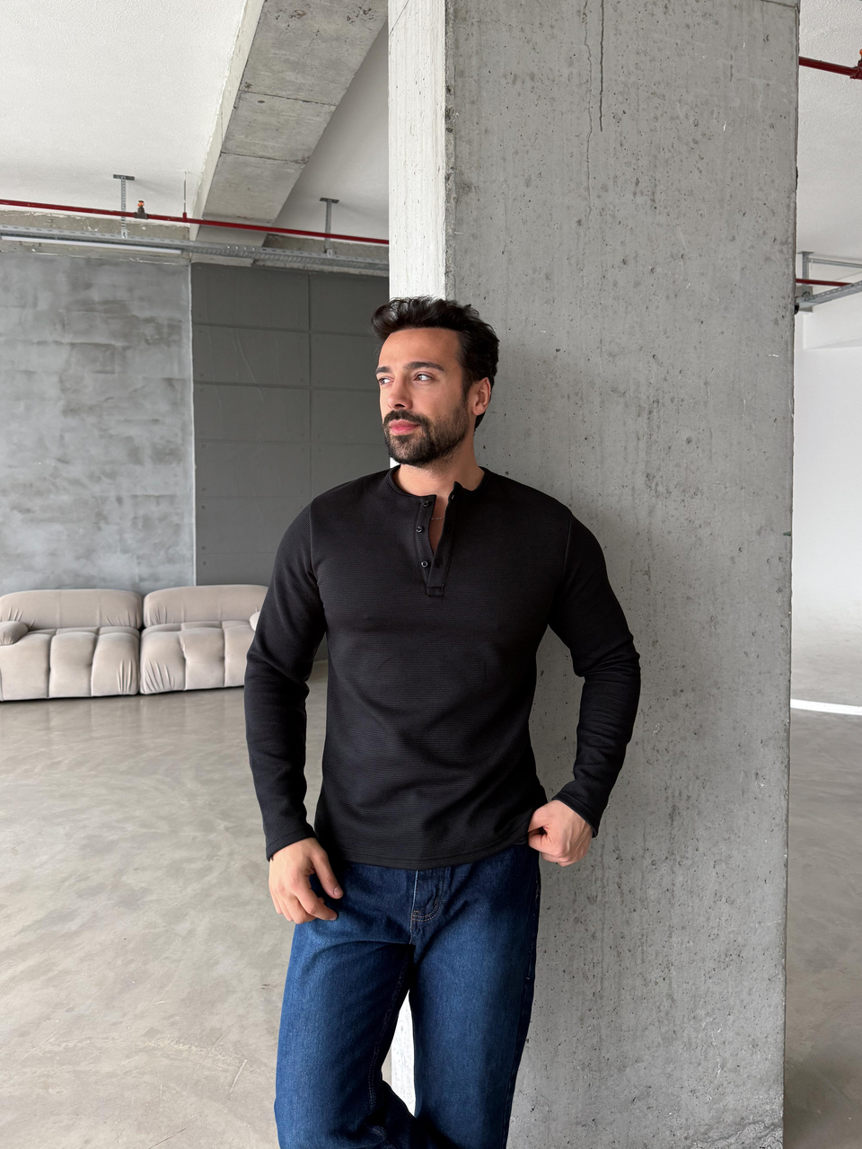 SweatSiyah 3 Düğme Detaylı Triko SC