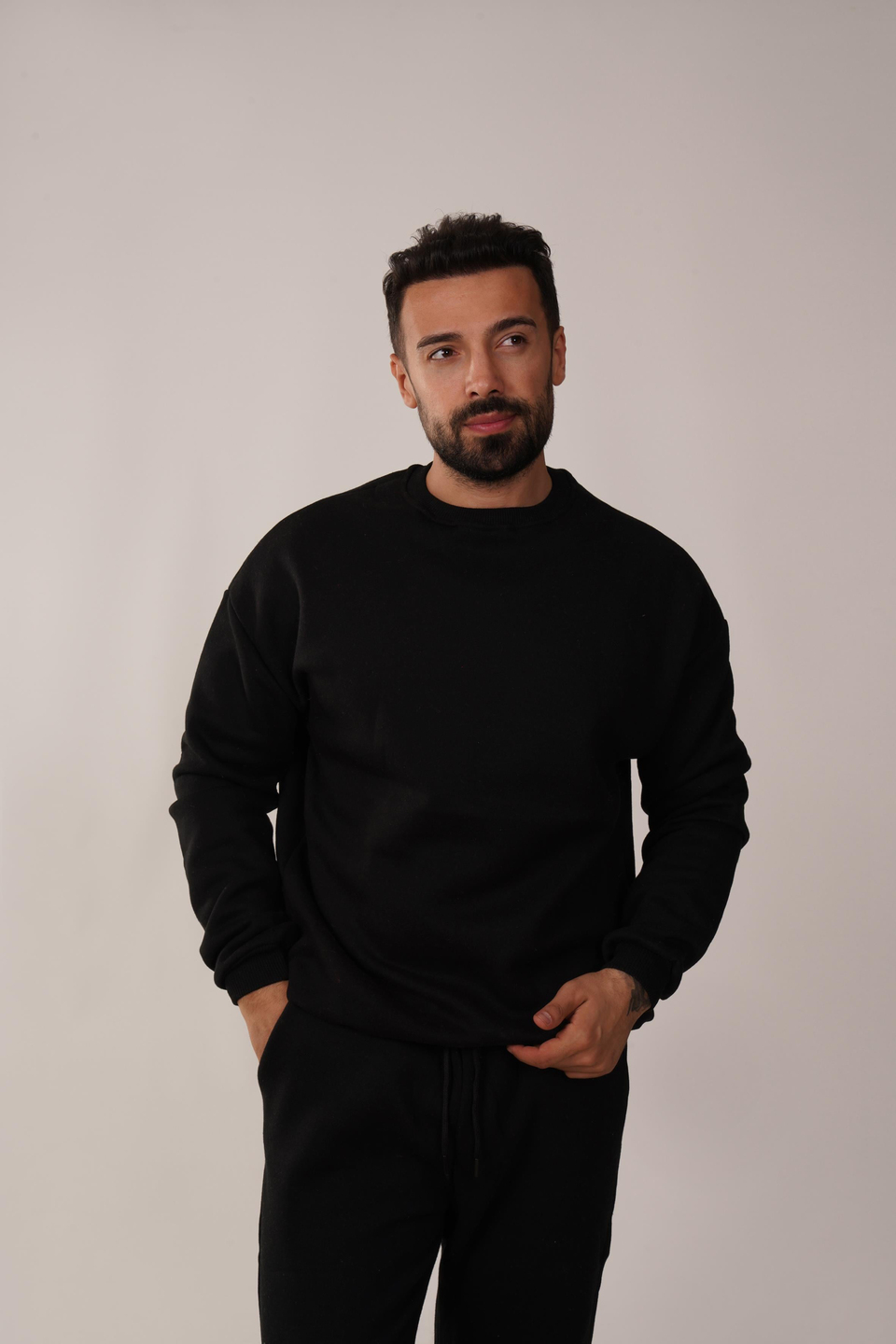 SweatSiyah 3 İplik Bisiklet Yaka Hoodie