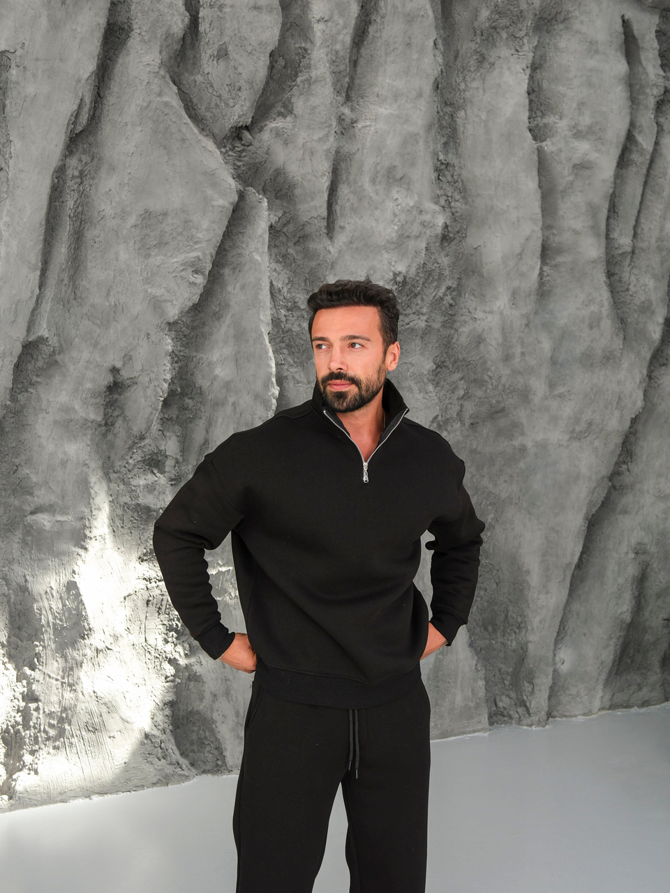 SweatSiyah 3 İplik Oversize Compak Yarım Fermuarlı SC