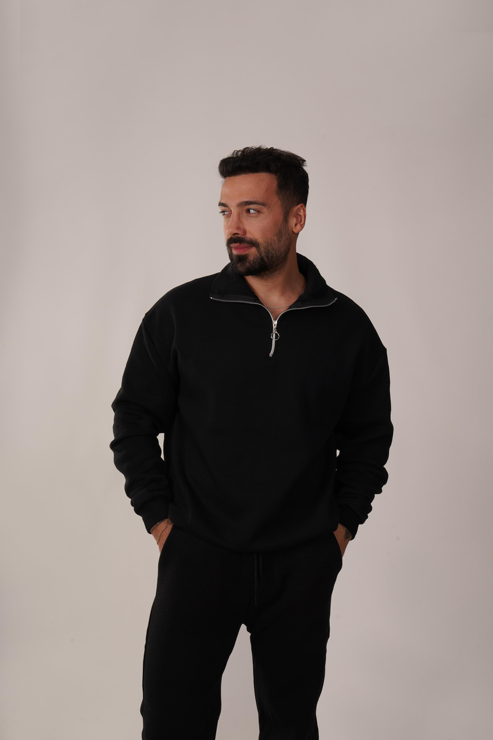 SweatSiyah 3 İplik Yarım Fermuarlı Hoodie