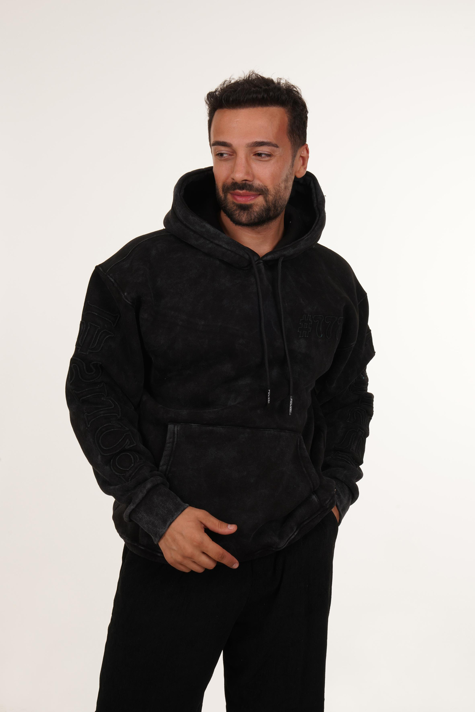 SweatSiyah 777 Yazılı Kapşonlu Sweatshirt PLZ