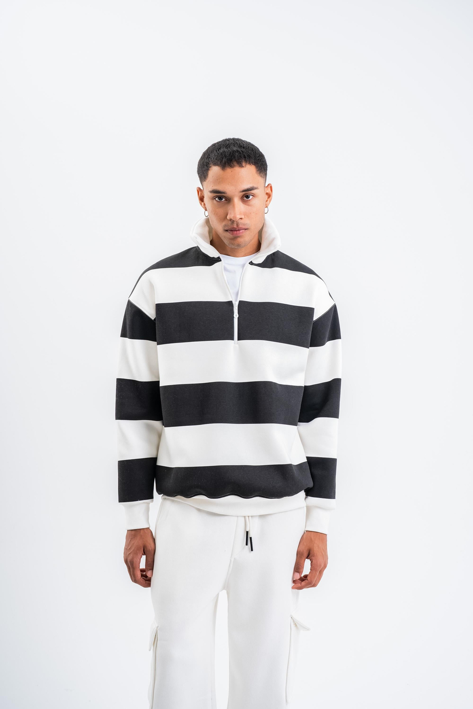 SweatSiyah Yarım Fermuarlı Çizgili 3 İplik Sweatshirt PLZ