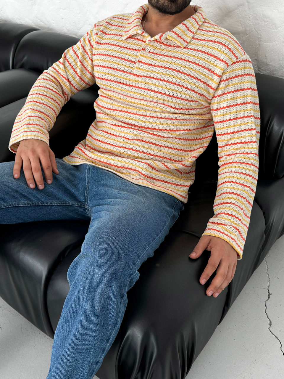 SweatTuruncu İnce Çizgili Üç Düğmeli Polo Yaka Triko SNZ 8396