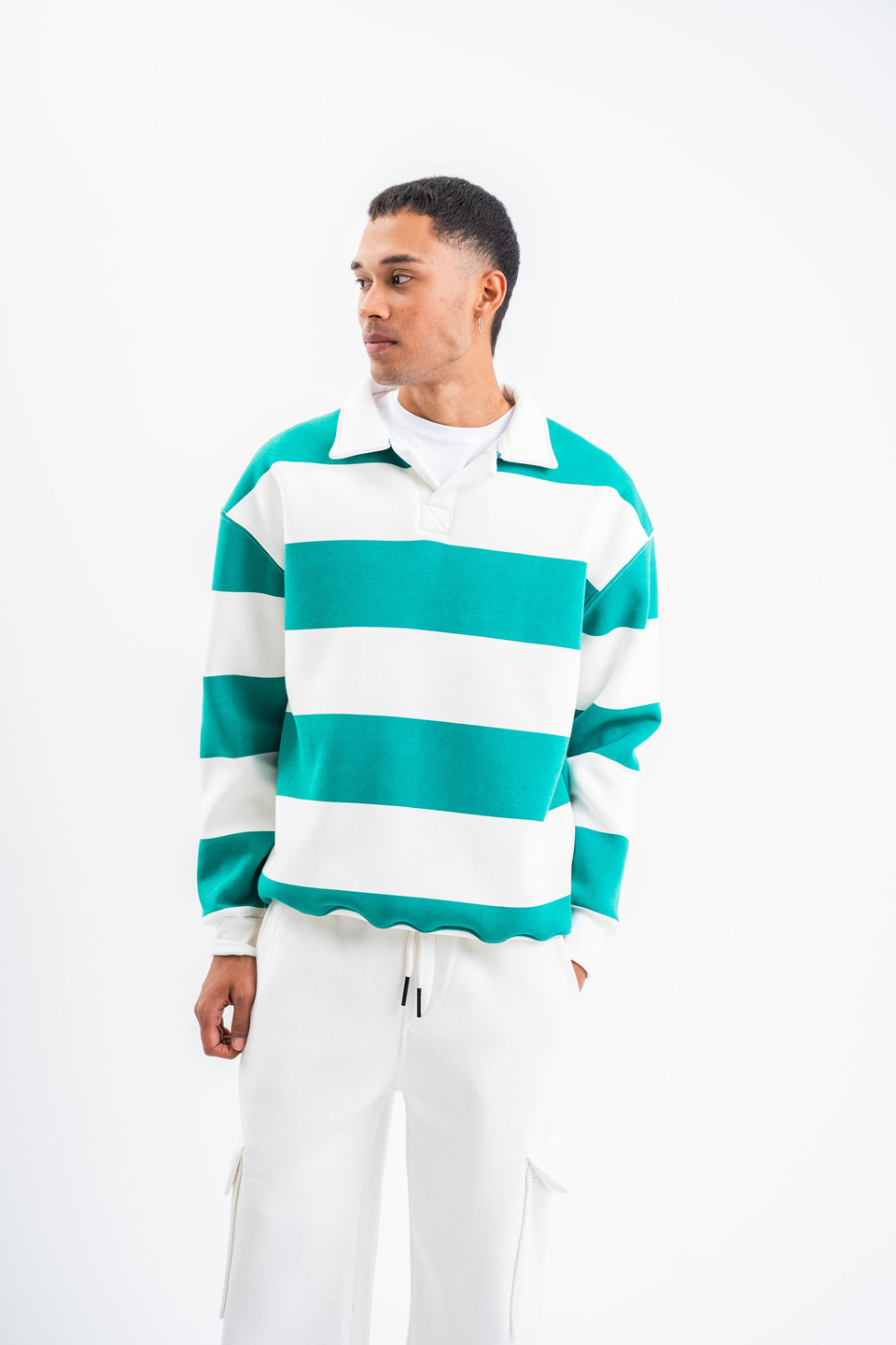 SweatYeşil Çizgili 3 İplik Polo Yaka Sweatshirt PLZ