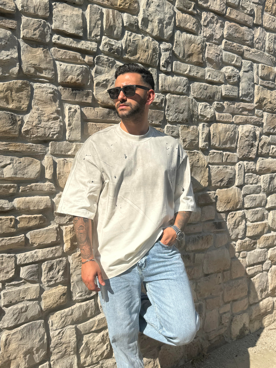 T-SHİRTBej NAPA Baskılı Fırça Darbeli Oversize T-SHIRT PNC 8129
