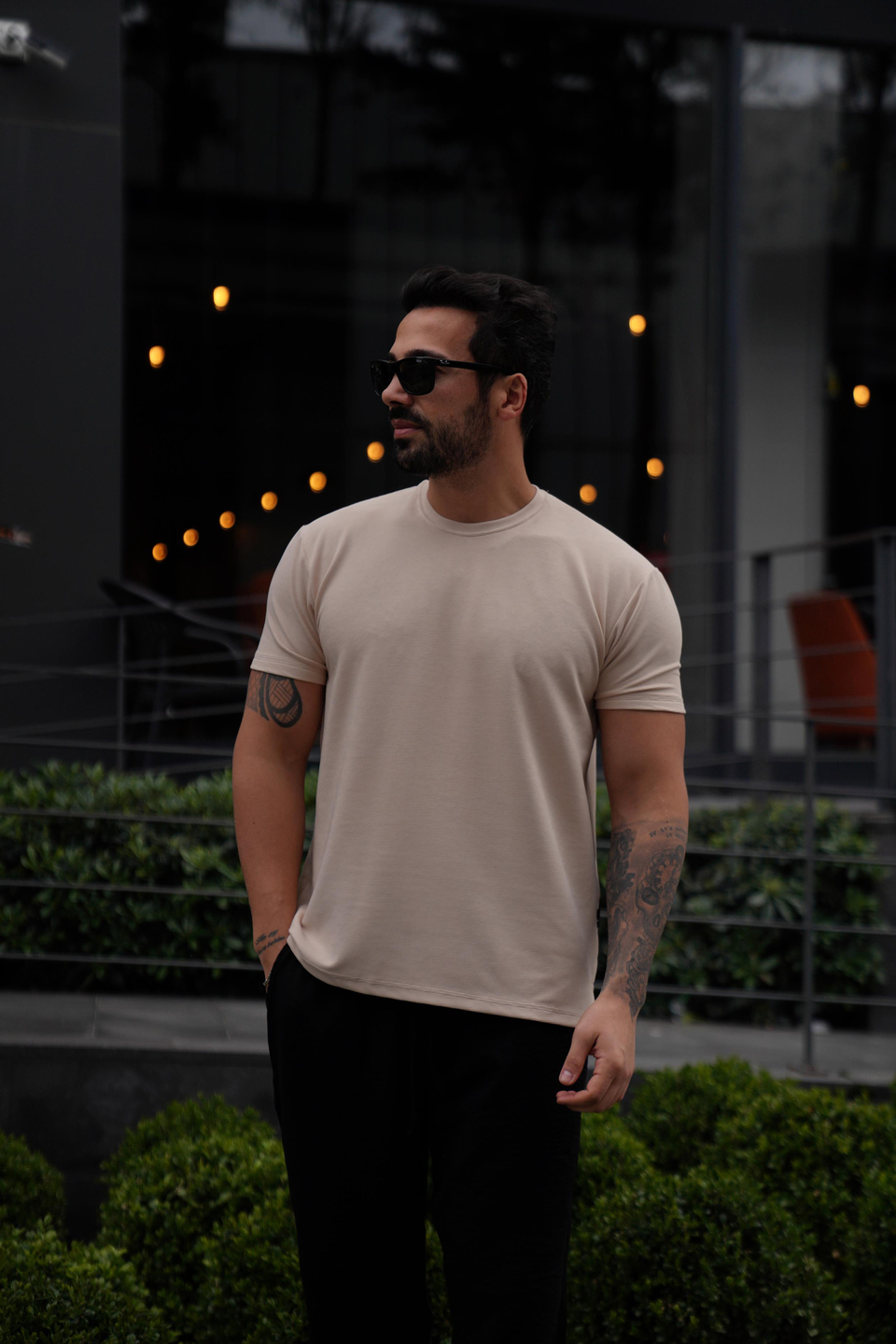 T-SHİRTBej Ottoman Çizgi Desen Bisiklet Yaka T-Shirt TK 1001