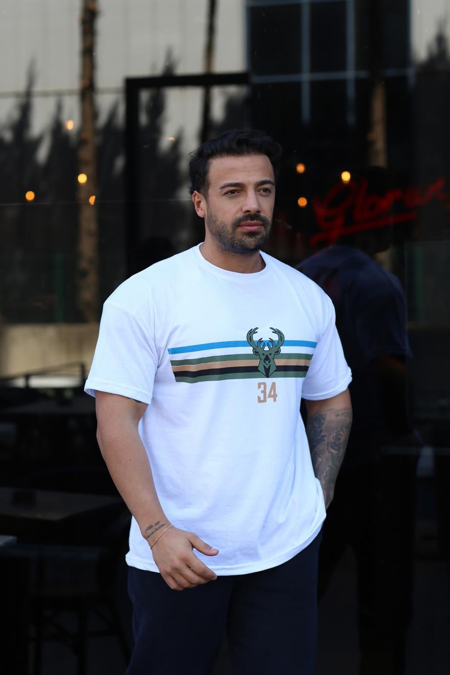 T-SHİRTBeyaz 34 GEYİK Göğüs Sırt Baskılı Oversize T-SHIRT TB