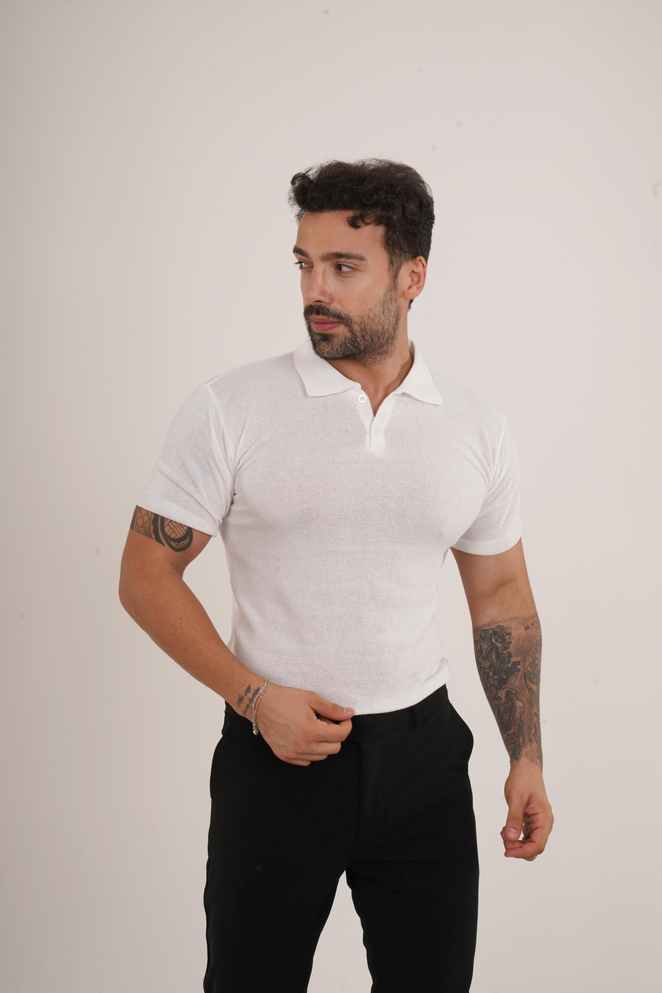 T-SHİRTBeyaz Düz Polo Yaka Triko SC
