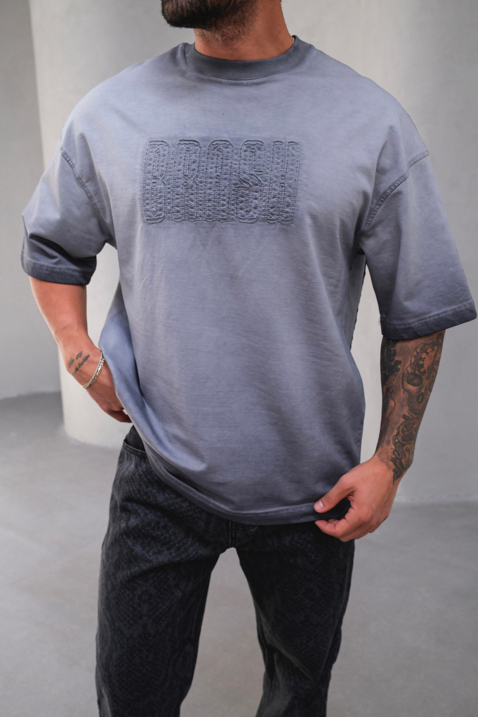 T-SHİRTFüme Brash Baskılı Yıkamalı Oversize T-shirt EST e7143