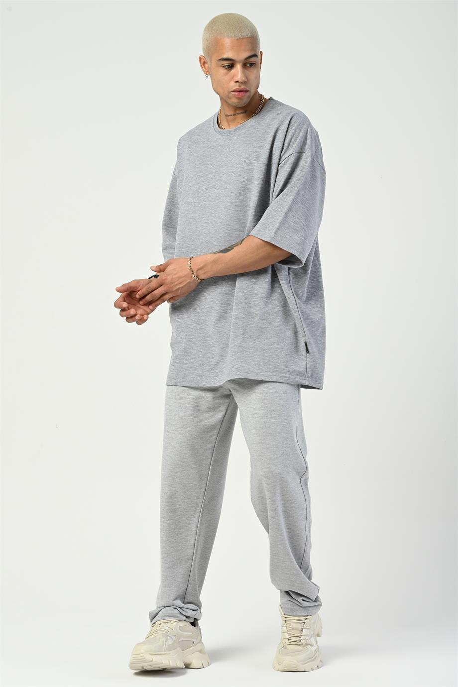 T-SHİRTGri 2 İplik Double Kalıp Oversize T-SHIRT GRK