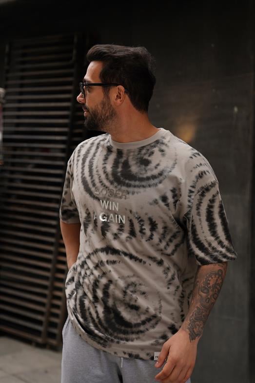 T-SHİRTGri 2 İplik Loser Yazılı Batik Desen Oversize T-Shirt MHL