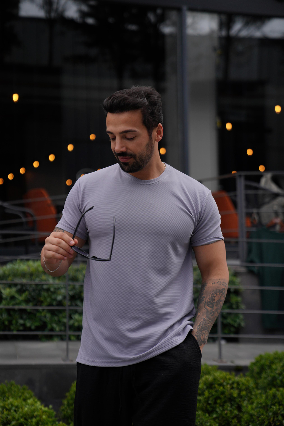 T-SHİRTGri Ottoman Çizgi Desen Bisiklet Yaka T-Shirt TK 1001