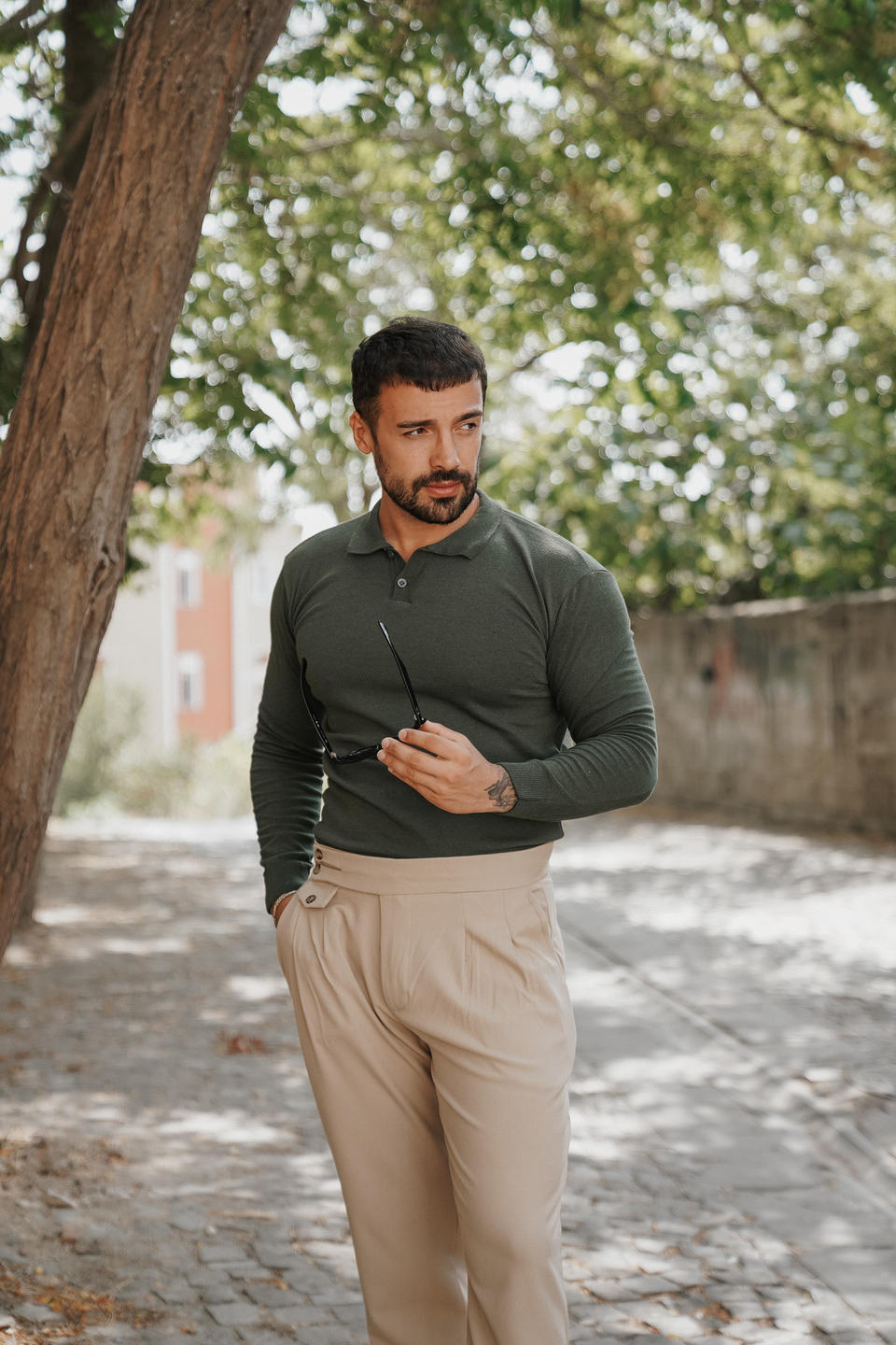 T-SHİRTHaki Triko uzun kol polo yaka SC