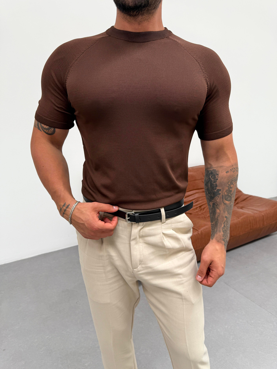 T-SHİRTKahve Bisiklet Yaka Triko Pamuk T-shirt TK