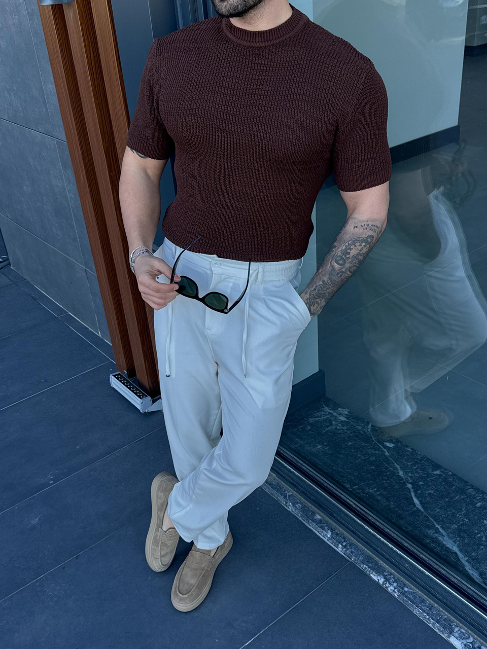 T-SHİRTKahve Çelik Pamuk Triko Slim Fit SNZ 7281