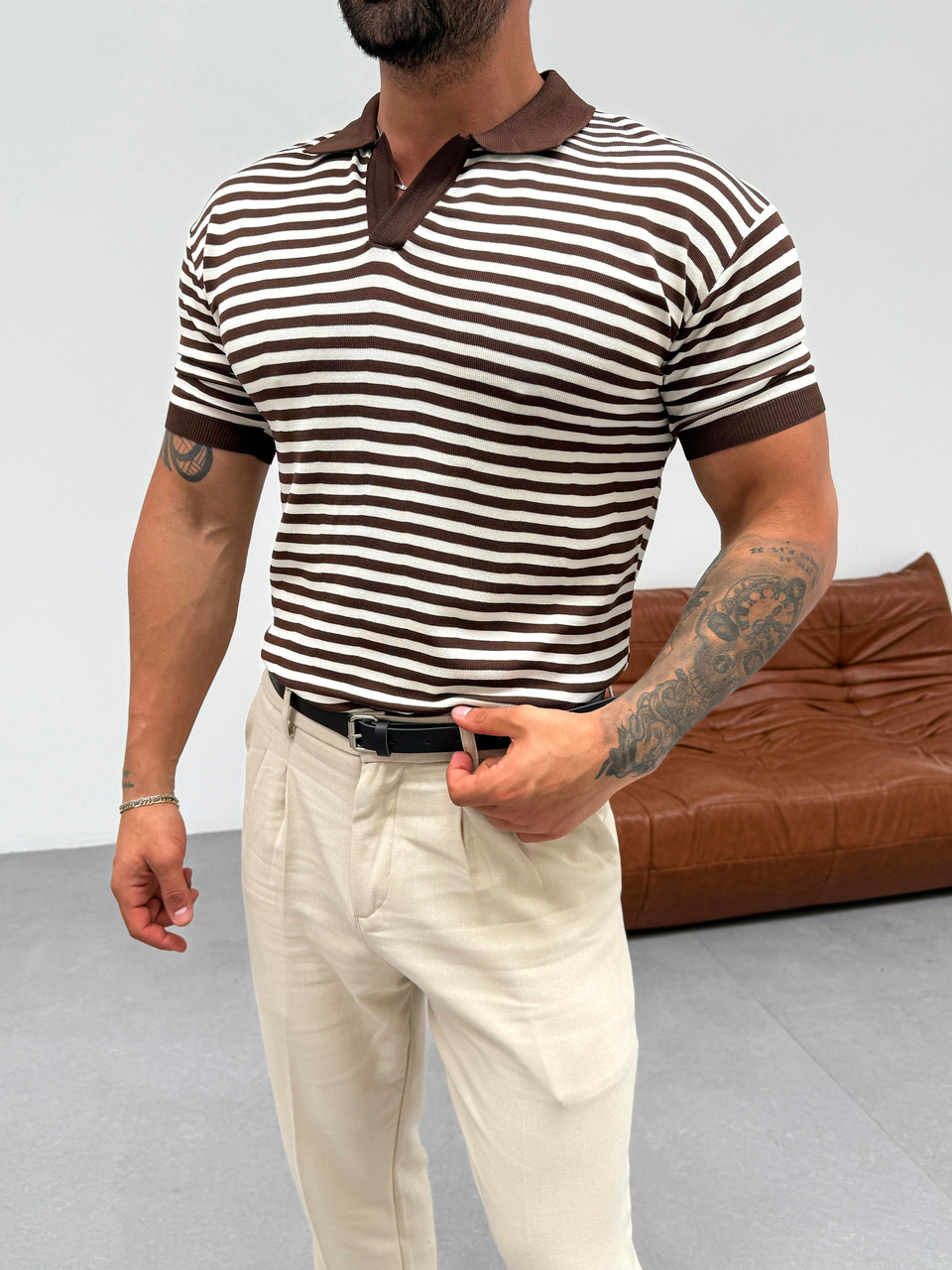 T-SHİRTKahve Yatay Çizgili Polo Yaka Triko Pamuk T-shirt TK