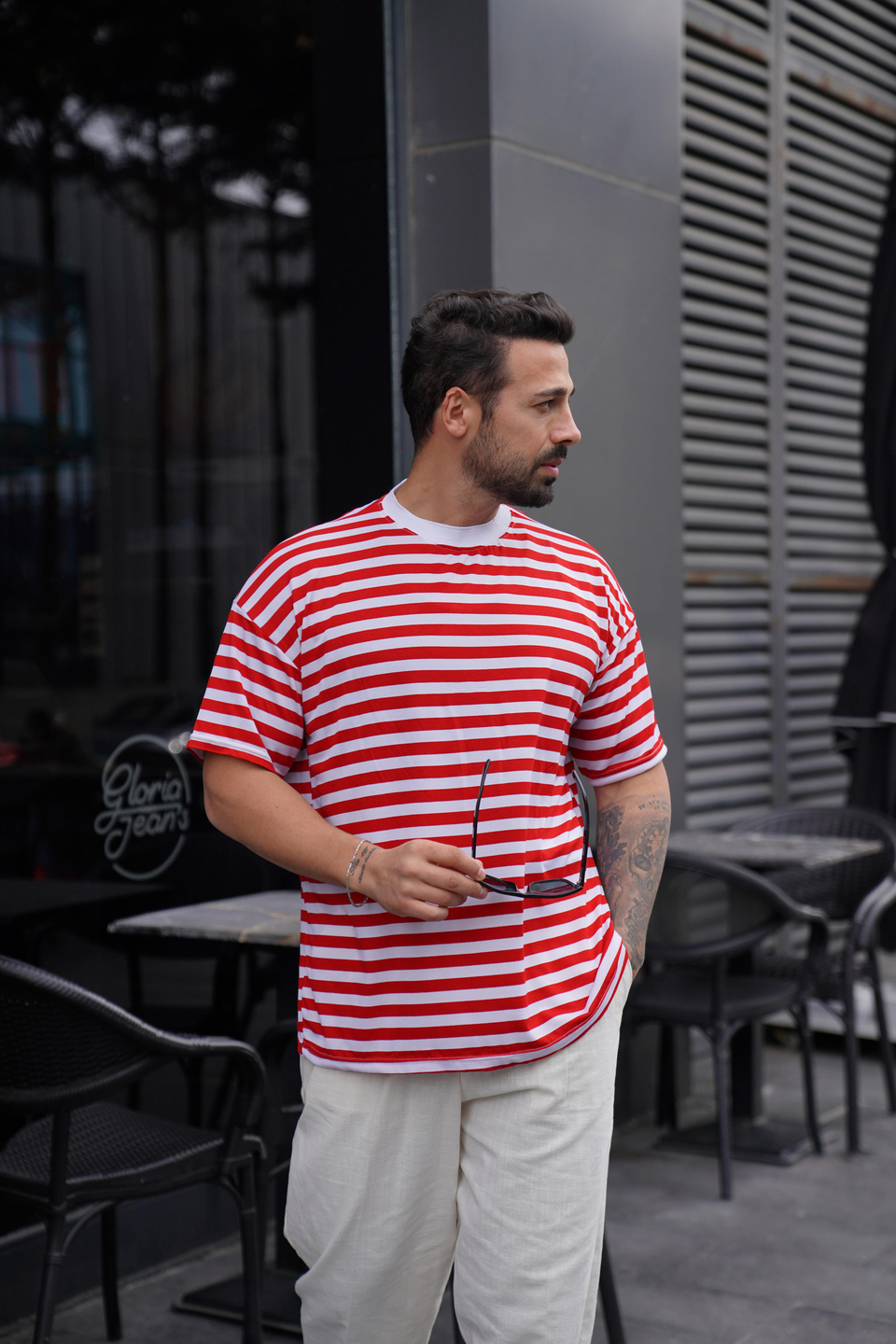 T-SHİRTKırmızı beyaz Çizgili Oversize Viskon T-Shirt TK 1008