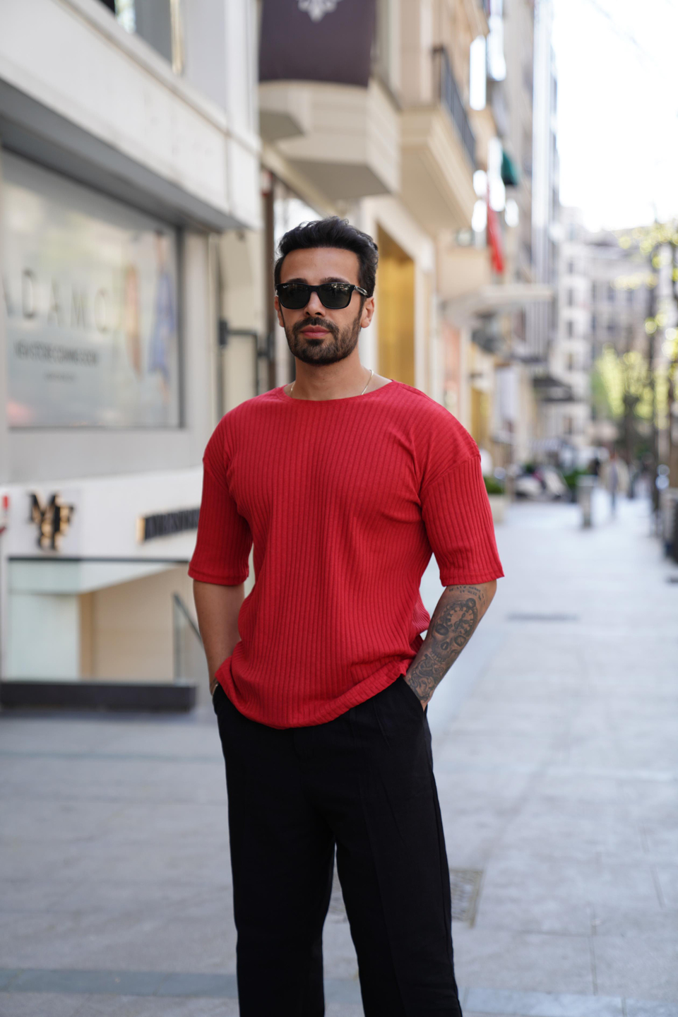 T-SHİRTKırmızı Fitilli Oversize T-Shirt SC