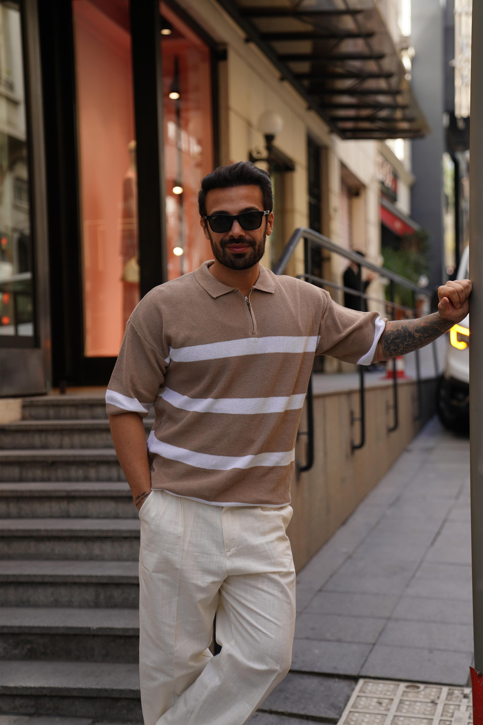 T-SHİRTKrem Beyaz Selanik Çizgili Polo Yaka TK 1010