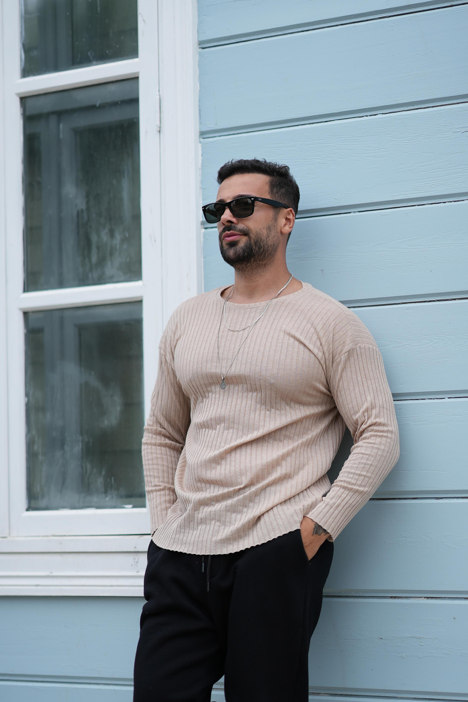 T-SHİRTKREM Fitilli oversize uzun kol SC