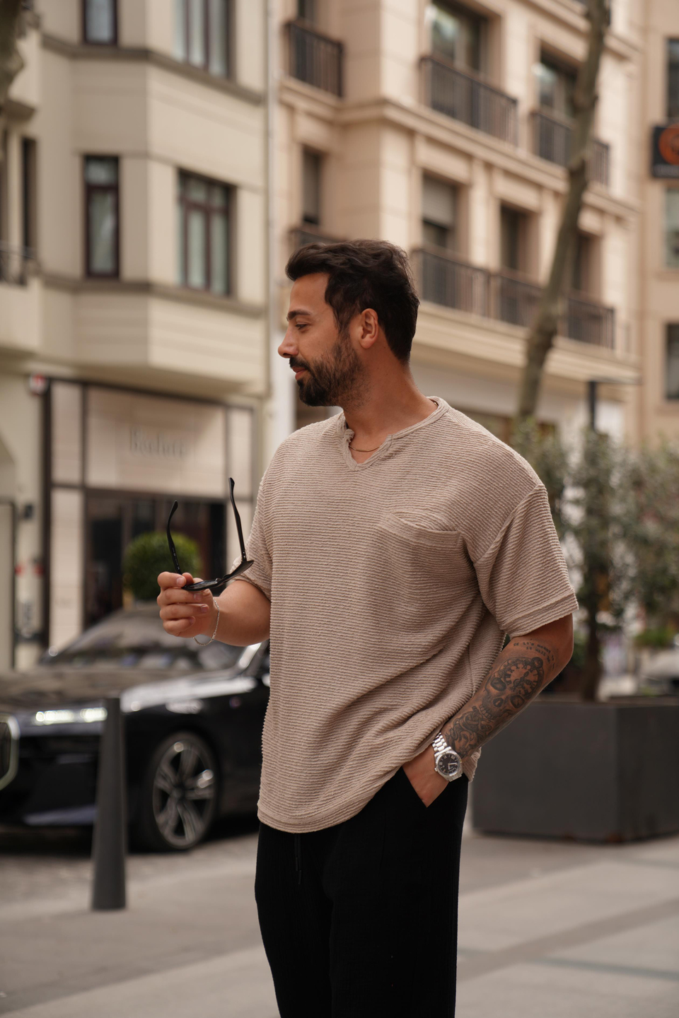 T-SHİRTKrem Flote Cep V Yaka T-SHİRT SNZ 3921