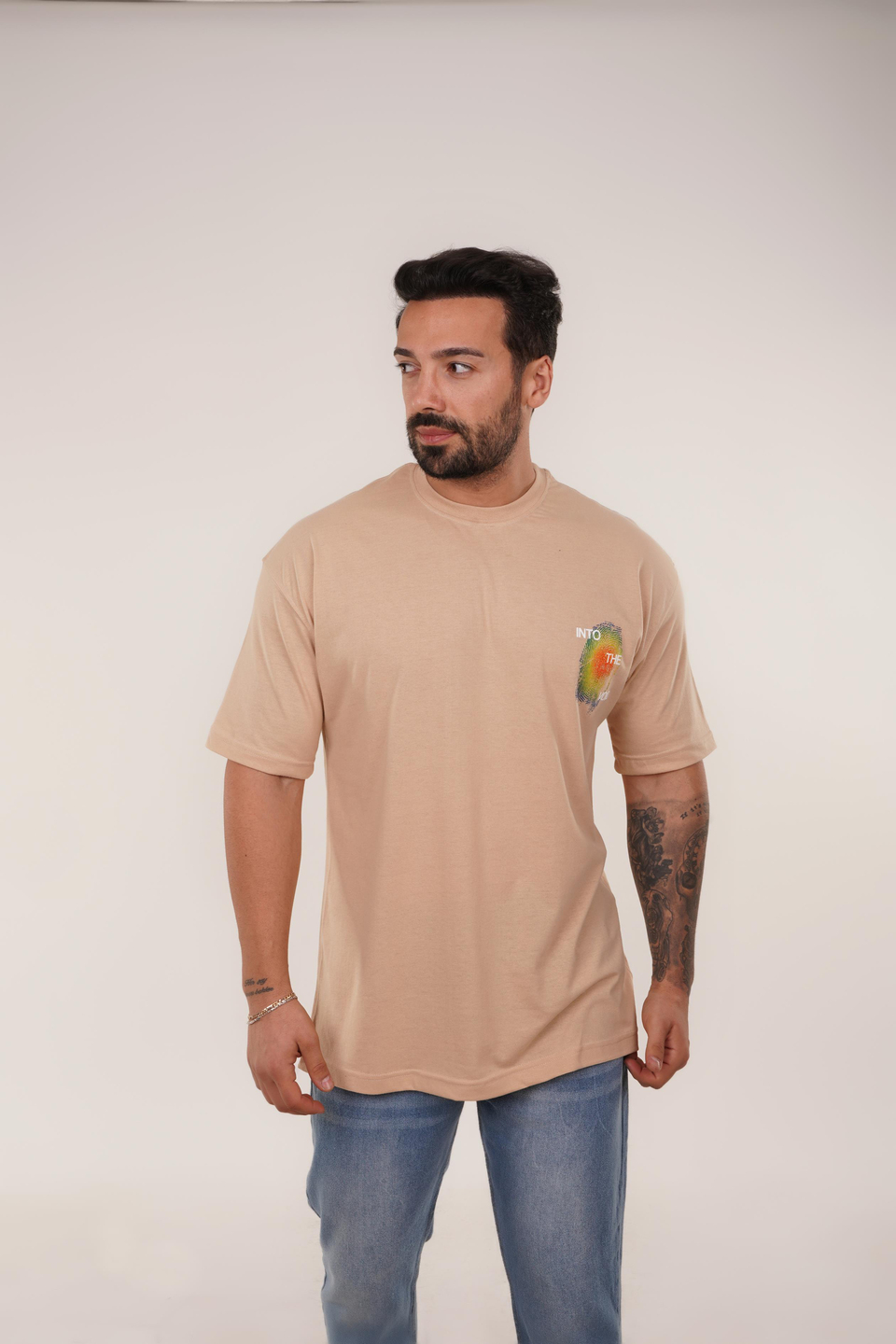 T-SHİRTKrem INTOTHEVOID Baskılı Oversize T-Shirt VSK