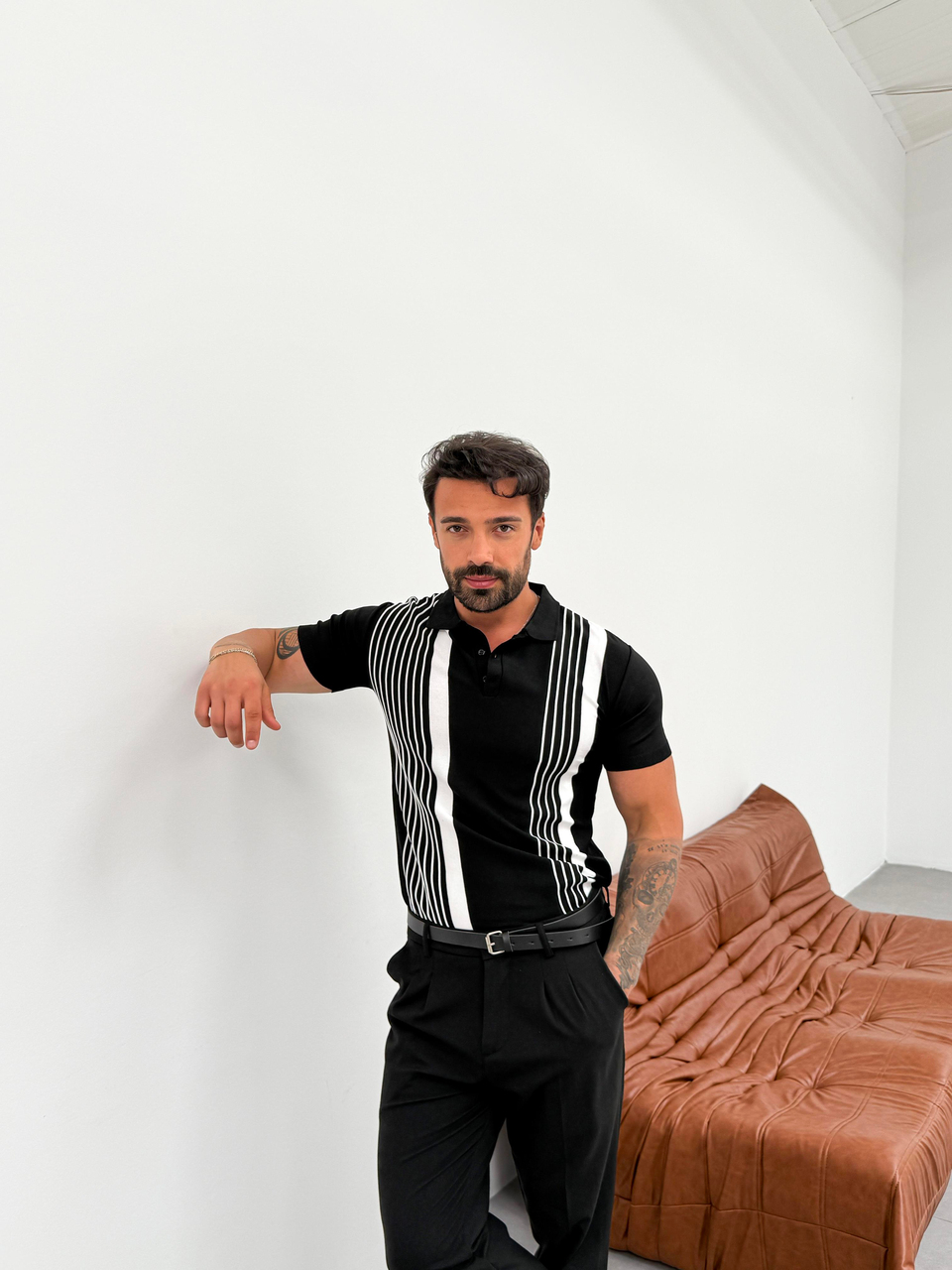 T-SHİRTSiyah Şeritli Triko Polo Yaka Pamuk T-shirt TK