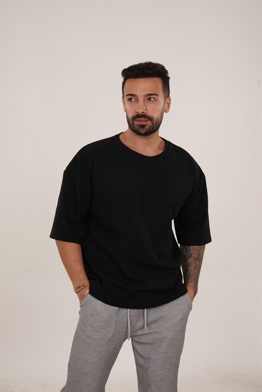 T-SHİRTSiyah Waffle Double Kalıp Oversize T-shırt SC