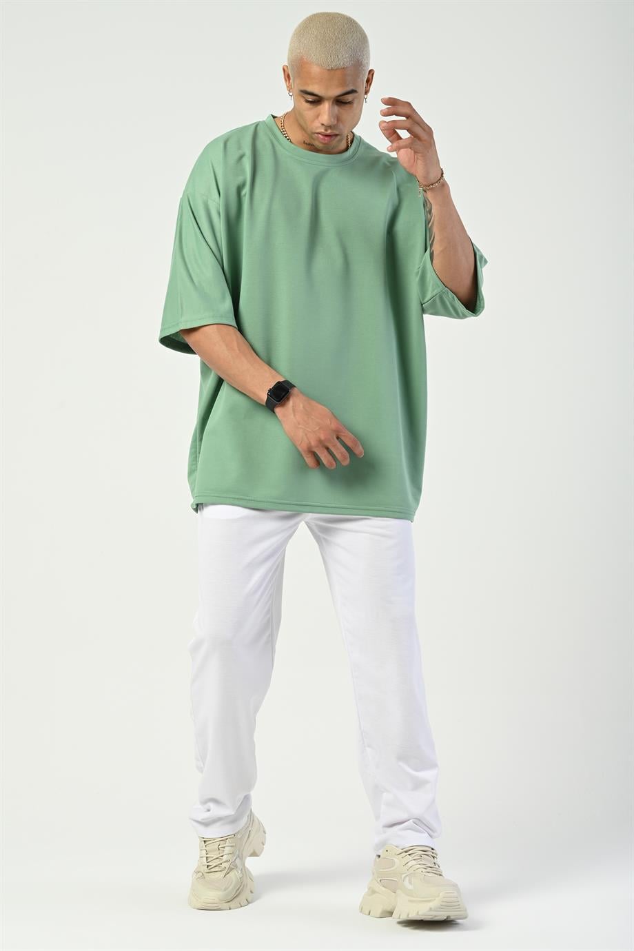 T-SHİRTSuyeşili 2 İplik Double Kalıp Oversize T-SHIRT GRK