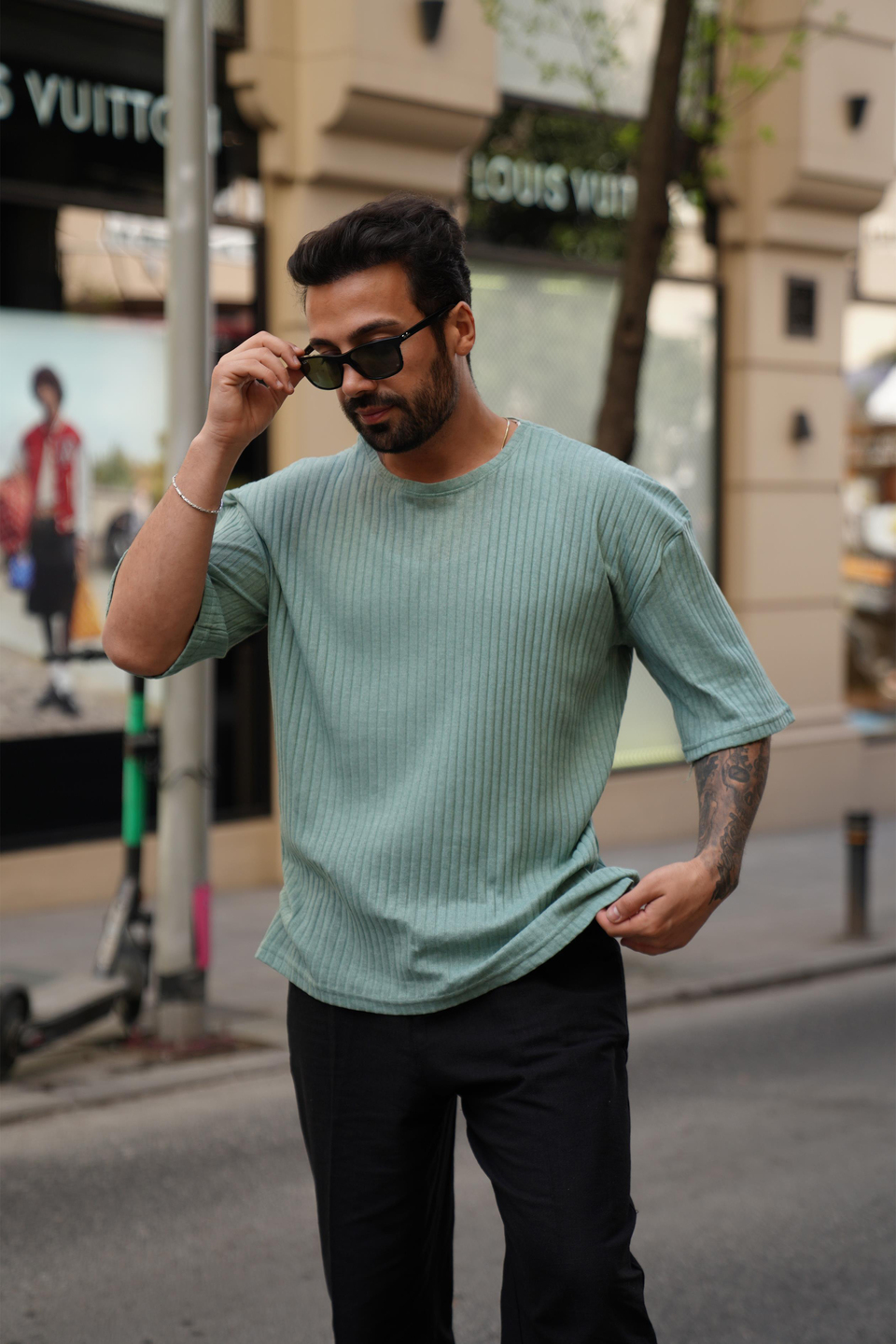 T-SHİRTSuyeşili Fitilli Oversize T-Shirt SC