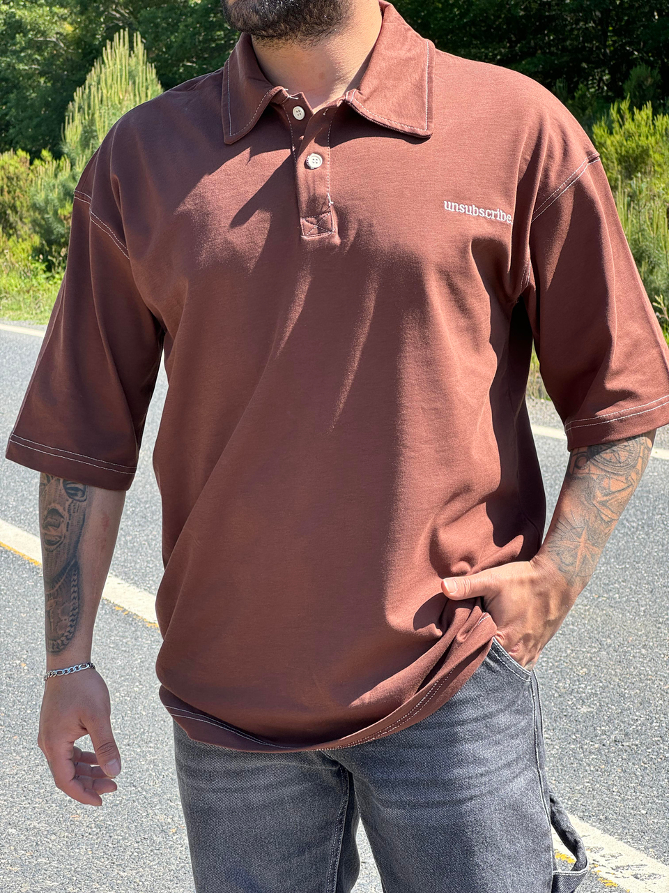 T-SHİRTTaba Dikiş Detaylı Düz Oversize Polo Yaka PNC 8067