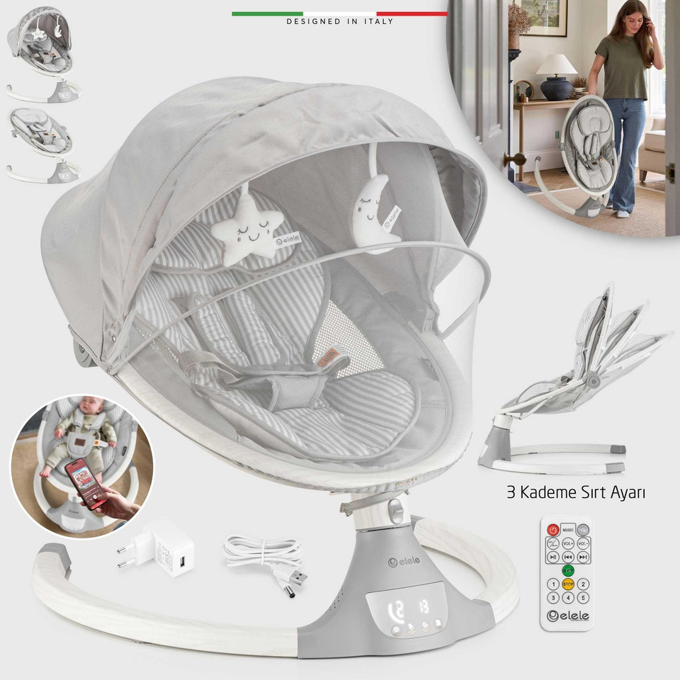 Elele Amore 2 Elektrikli Otomatik Sallanan Ana Kucağı Kademeli Gri